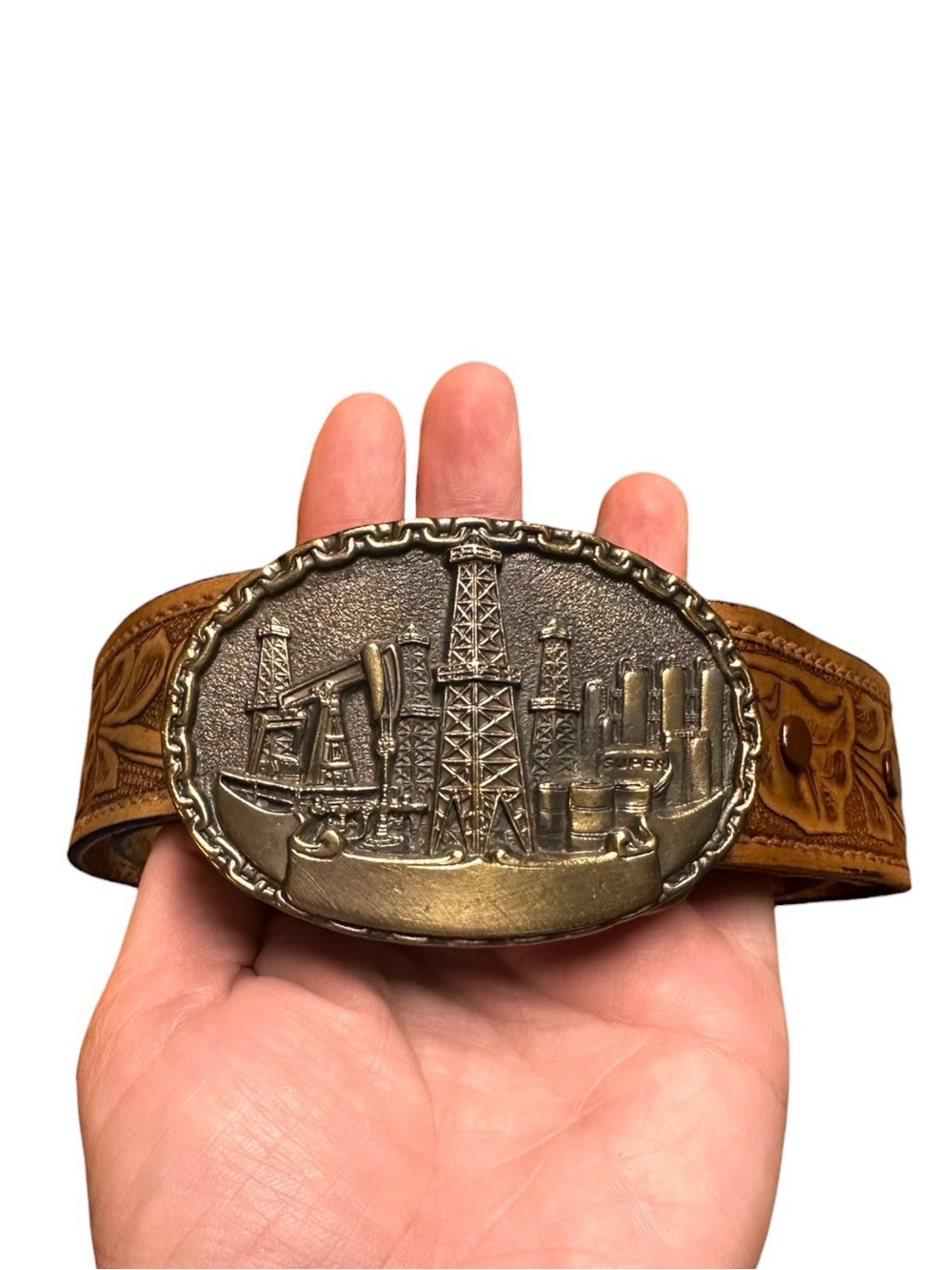 VTG Oil Drill 1981 The Great American Buckle Floral Tooled Leather Belt Size 36